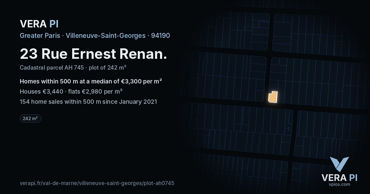 23 Rue Ernest Renan, Villeneuve-Saint-Georges at night – the plot lit, the parcels around coloured by the prices near them