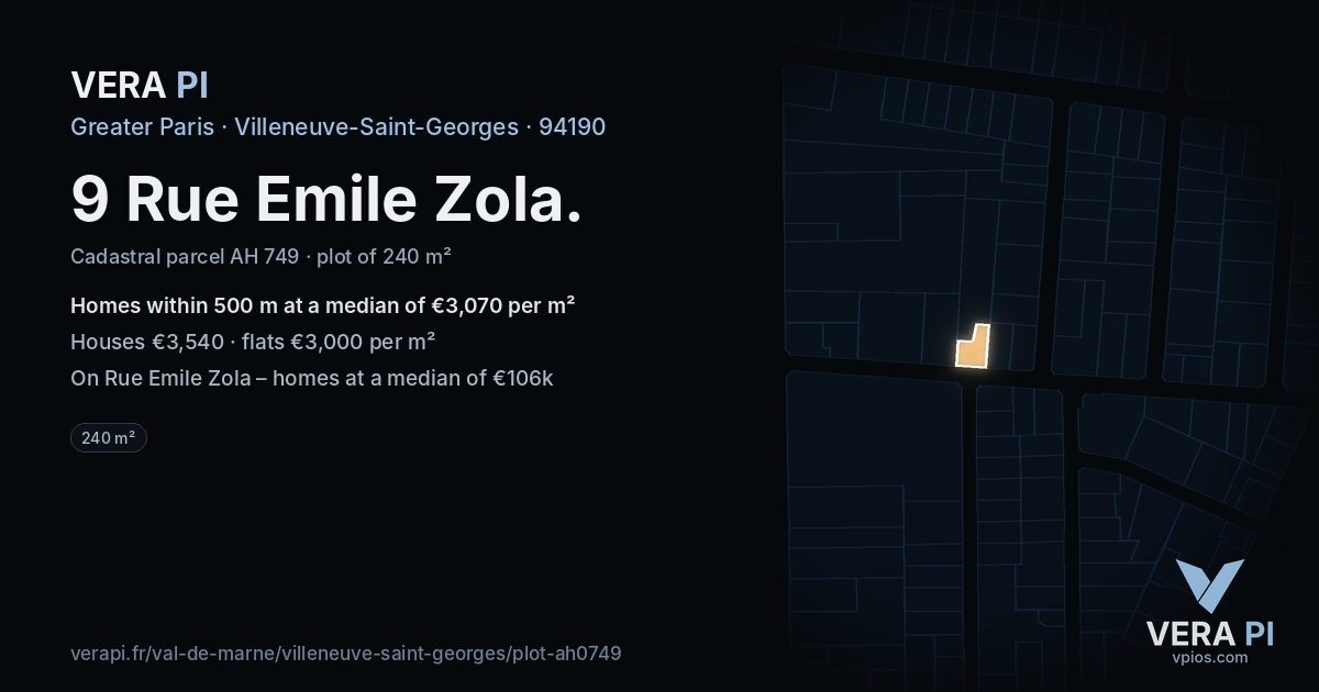 9 Rue Emile Zola, Villeneuve-Saint-Georges at night – the plot lit, the parcels around coloured by the prices near them