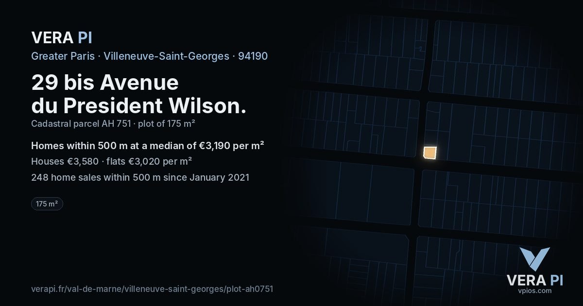 29 bis Avenue du President Wilson, Villeneuve-Saint-Georges at night – the plot lit, the parcels around coloured by the prices near them