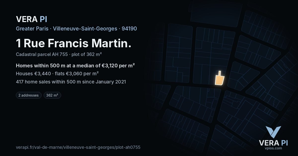 1 Rue Francis Martin, Villeneuve-Saint-Georges at night – the plot lit, the parcels around coloured by the prices near them