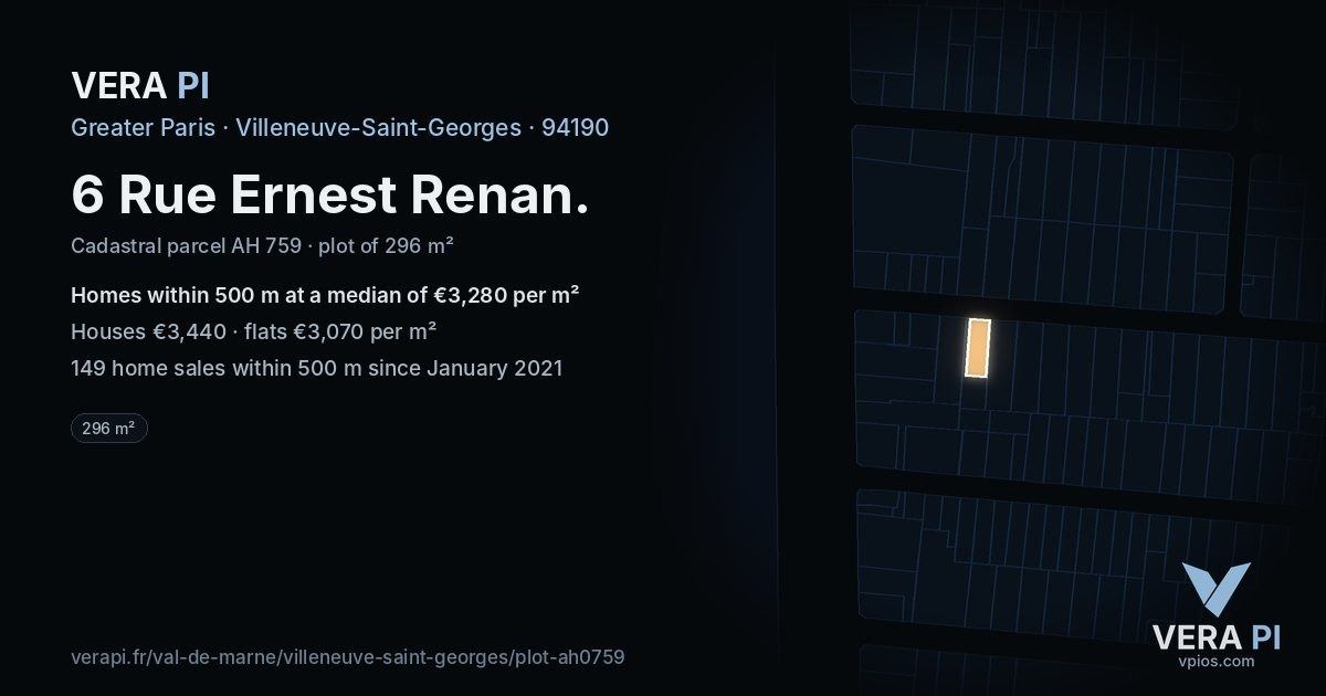 6 Rue Ernest Renan, Villeneuve-Saint-Georges at night – the plot lit, the parcels around coloured by the prices near them