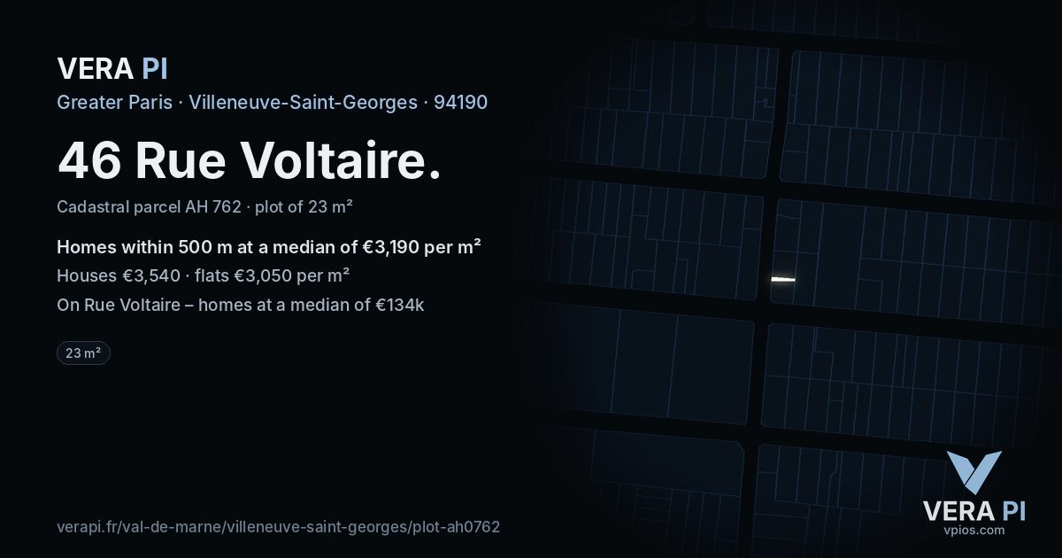 46 Rue Voltaire, Villeneuve-Saint-Georges at night – the plot lit, the parcels around coloured by the prices near them
