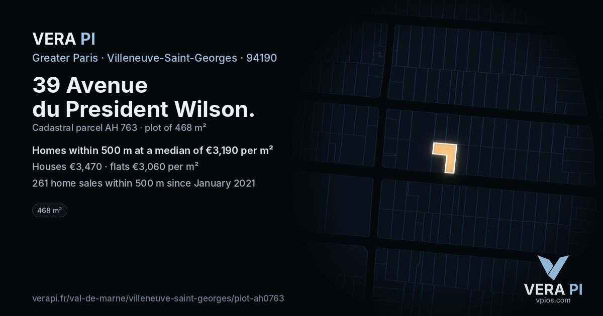 39 Avenue du President Wilson, Villeneuve-Saint-Georges at night – the plot lit, the parcels around coloured by the prices near them