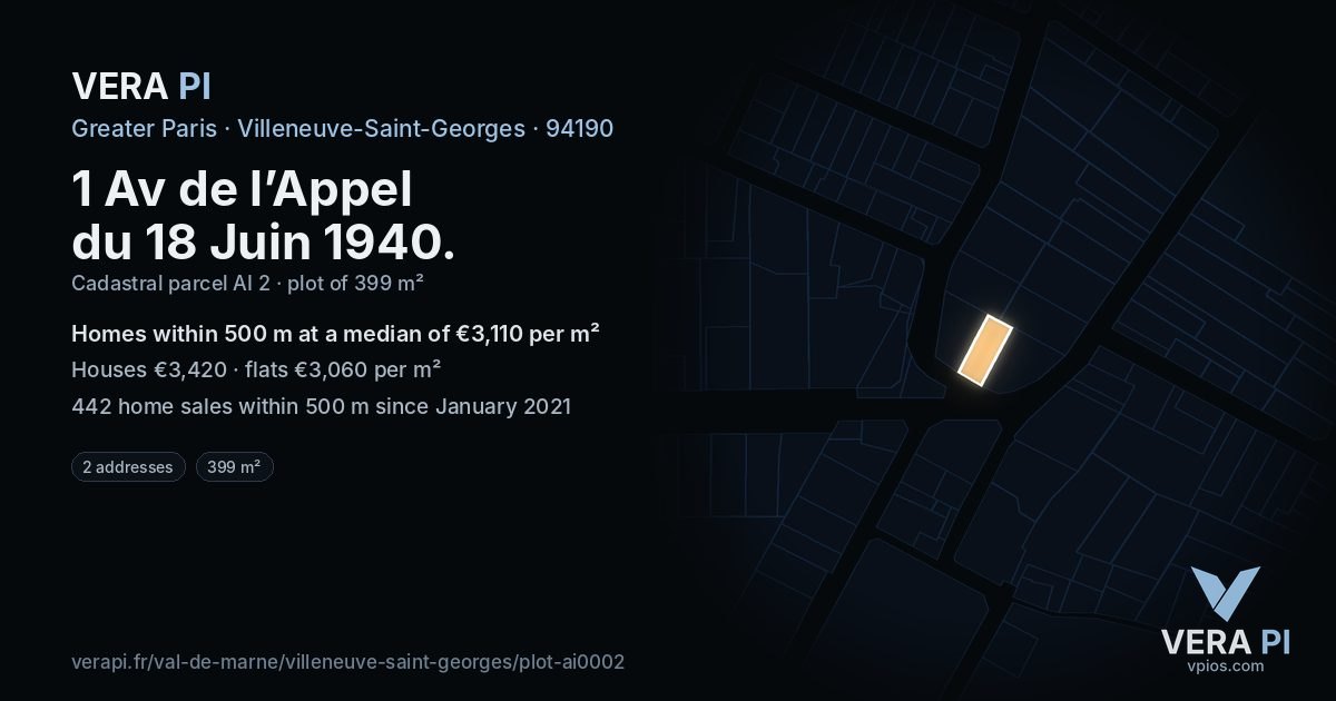 1 Av de l’Appel du 18 Juin 1940, Villeneuve-Saint-Georges at night – the plot lit, the parcels around coloured by the prices near them