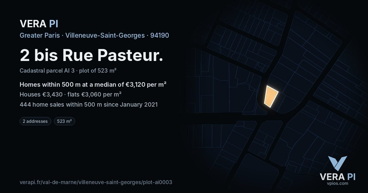 2 bis Rue Pasteur, Villeneuve-Saint-Georges at night – the plot lit, the parcels around coloured by the prices near them