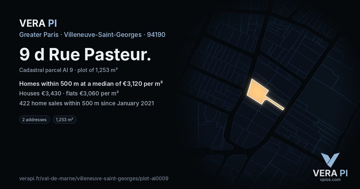 9 d Rue Pasteur, Villeneuve-Saint-Georges at night – the plot lit, the parcels around coloured by the prices near them