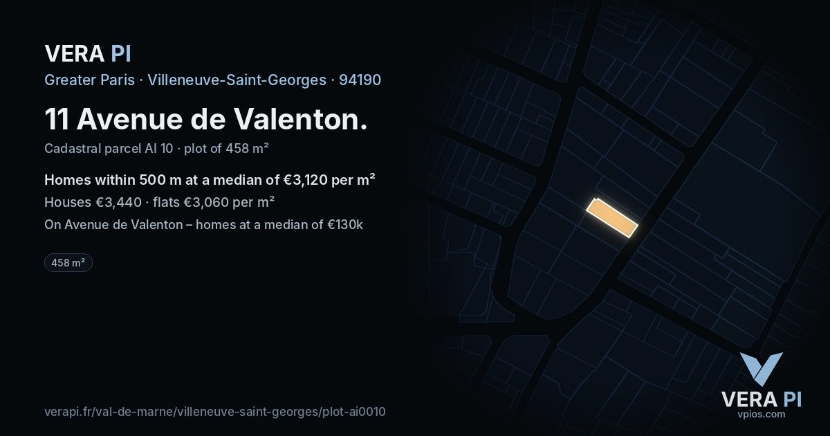 11 Avenue de Valenton, Villeneuve-Saint-Georges at night – the plot lit, the parcels around coloured by the prices near them