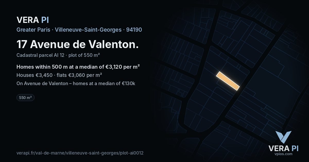 17 Avenue de Valenton, Villeneuve-Saint-Georges at night – the plot lit, the parcels around coloured by the prices near them