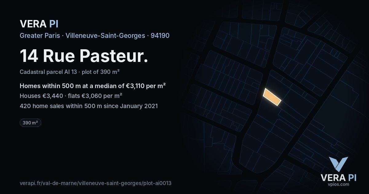 14 Rue Pasteur, Villeneuve-Saint-Georges at night – the plot lit, the parcels around coloured by the prices near them