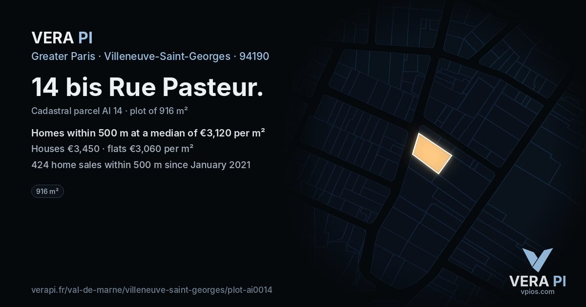 14 bis Rue Pasteur, Villeneuve-Saint-Georges at night – the plot lit, the parcels around coloured by the prices near them