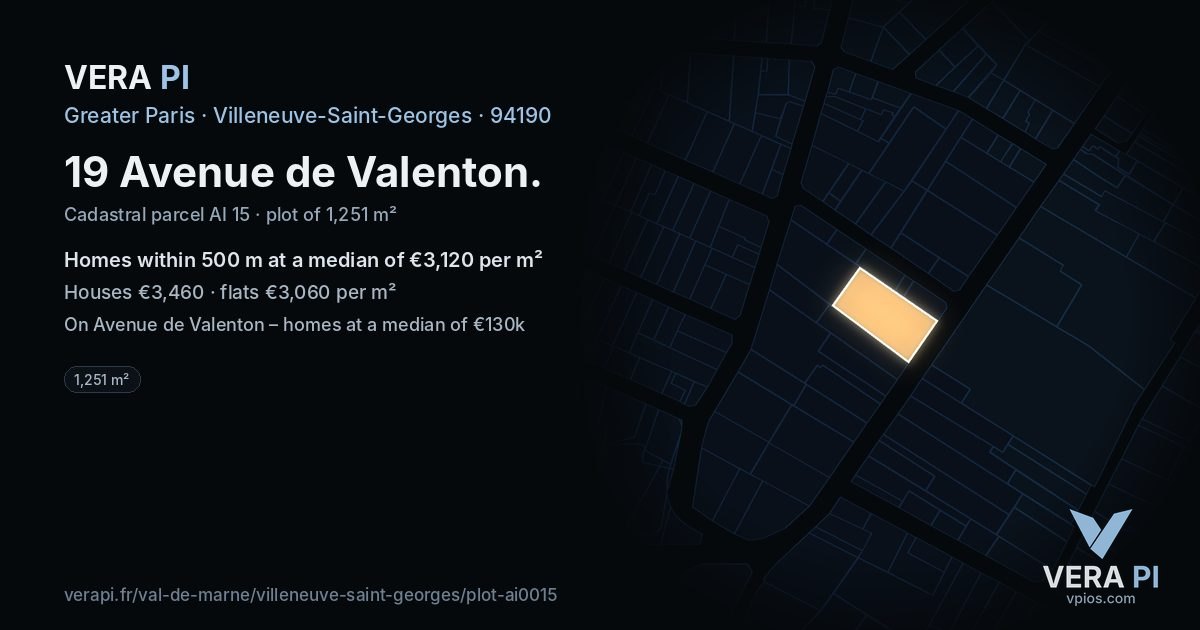 19 Avenue de Valenton, Villeneuve-Saint-Georges at night – the plot lit, the parcels around coloured by the prices near them