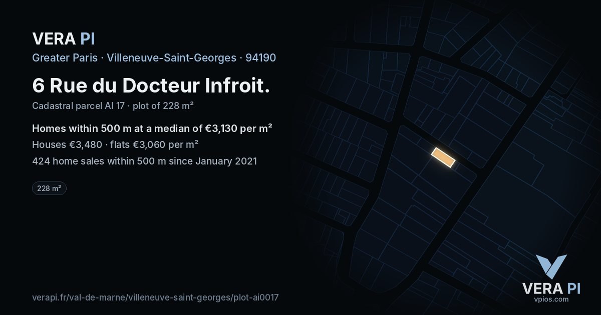 6 Rue du Docteur Infroit, Villeneuve-Saint-Georges at night – the plot lit, the parcels around coloured by the prices near them