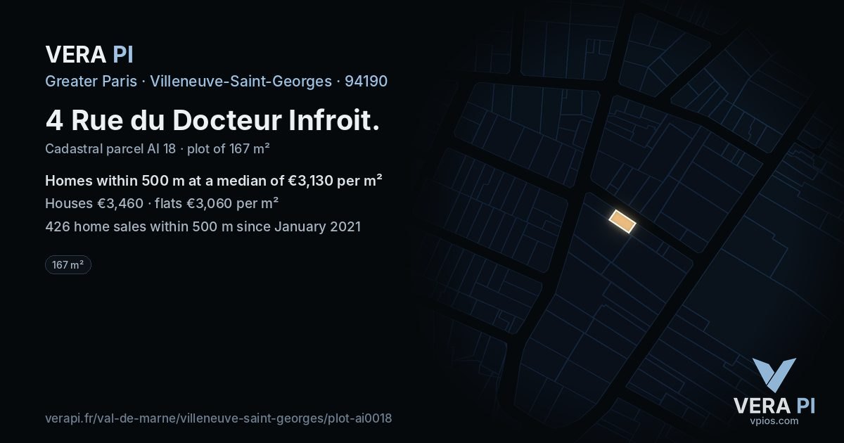 4 Rue du Docteur Infroit, Villeneuve-Saint-Georges at night – the plot lit, the parcels around coloured by the prices near them