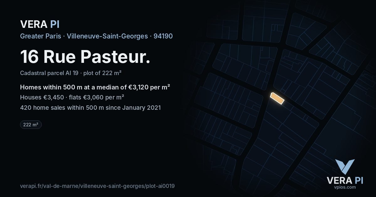 16 Rue Pasteur, Villeneuve-Saint-Georges at night – the plot lit, the parcels around coloured by the prices near them