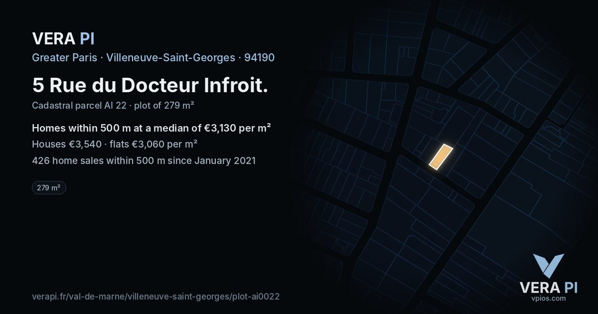5 Rue du Docteur Infroit, Villeneuve-Saint-Georges at night – the plot lit, the parcels around coloured by the prices near them