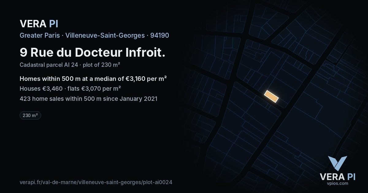9 Rue du Docteur Infroit, Villeneuve-Saint-Georges at night – the plot lit, the parcels around coloured by the prices near them
