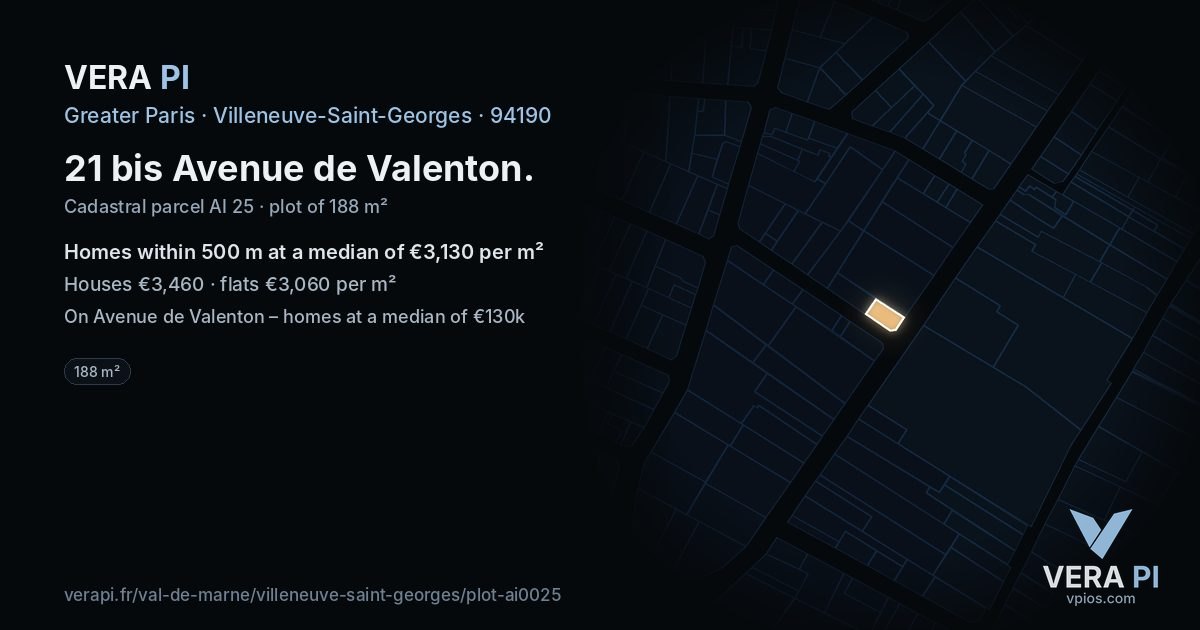 21 bis Avenue de Valenton, Villeneuve-Saint-Georges at night – the plot lit, the parcels around coloured by the prices near them