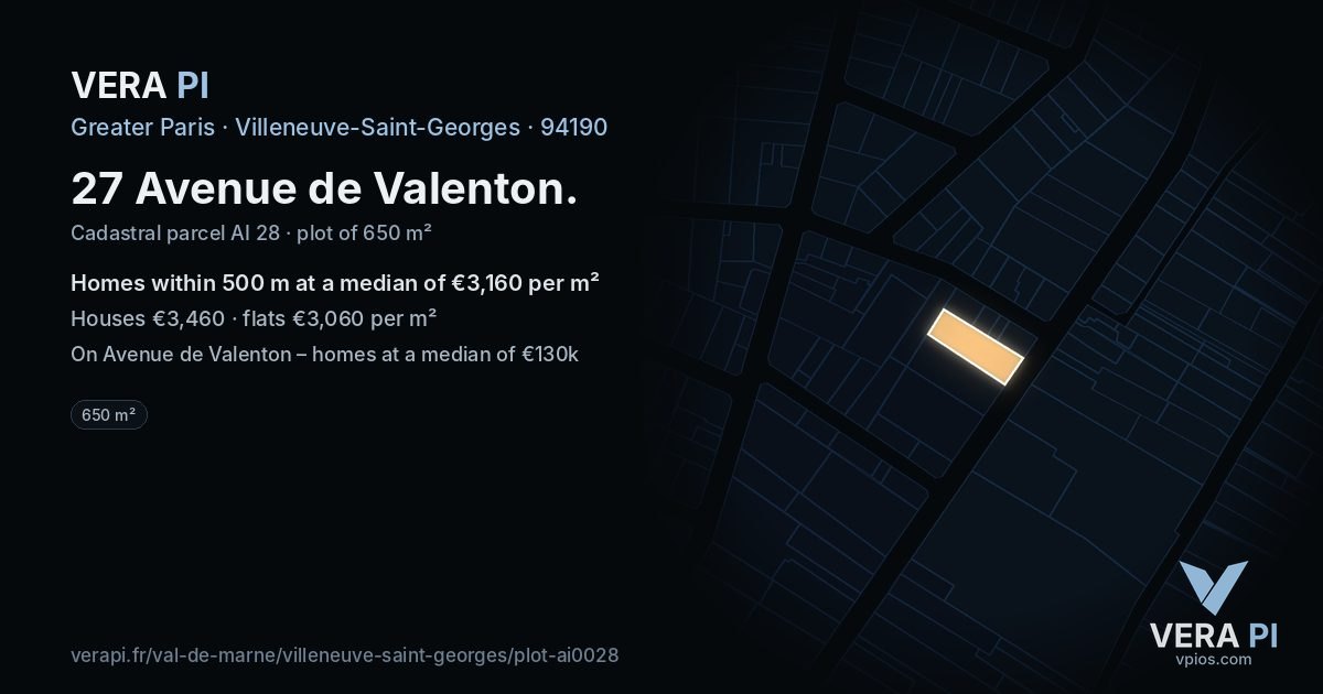 27 Avenue de Valenton, Villeneuve-Saint-Georges at night – the plot lit, the parcels around coloured by the prices near them