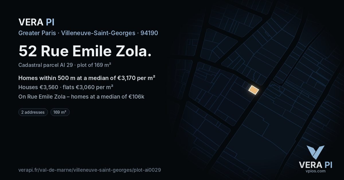 52 Rue Emile Zola, Villeneuve-Saint-Georges at night – the plot lit, the parcels around coloured by the prices near them
