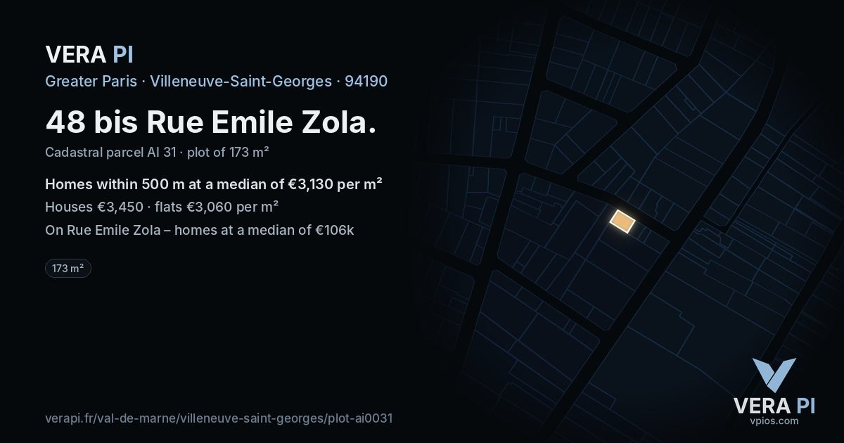 48 bis Rue Emile Zola, Villeneuve-Saint-Georges at night – the plot lit, the parcels around coloured by the prices near them