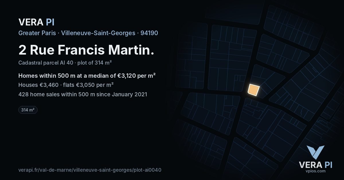 2 Rue Francis Martin, Villeneuve-Saint-Georges at night – the plot lit, the parcels around coloured by the prices near them