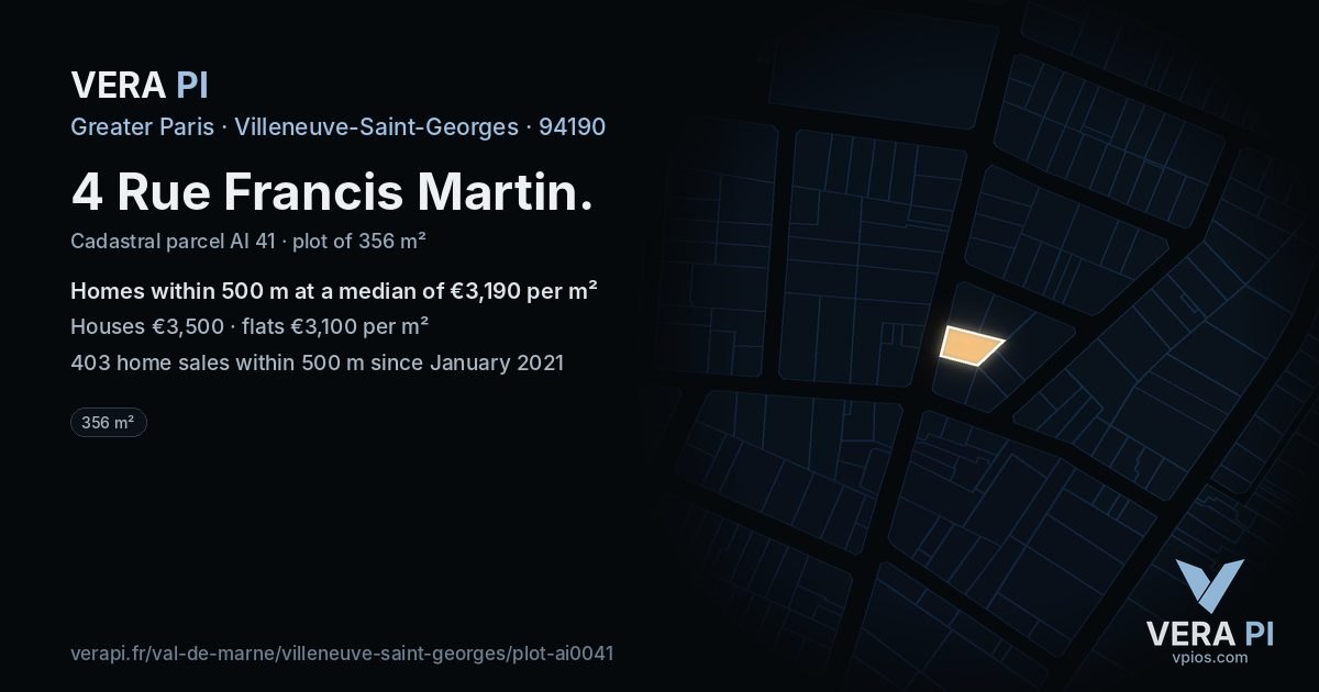 4 Rue Francis Martin, Villeneuve-Saint-Georges at night – the plot lit, the parcels around coloured by the prices near them