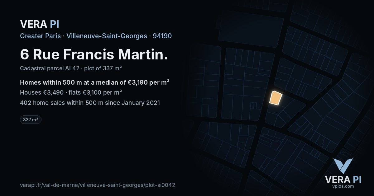 6 Rue Francis Martin, Villeneuve-Saint-Georges at night – the plot lit, the parcels around coloured by the prices near them