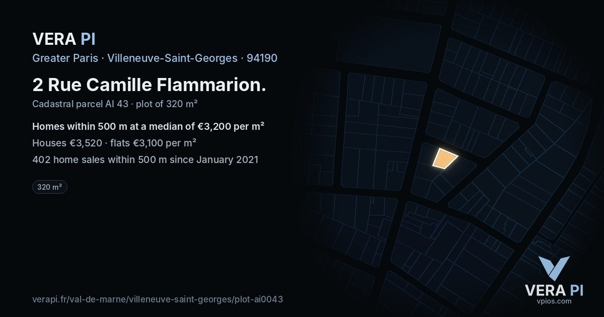 2 Rue Camille Flammarion, Villeneuve-Saint-Georges at night – the plot lit, the parcels around coloured by the prices near them