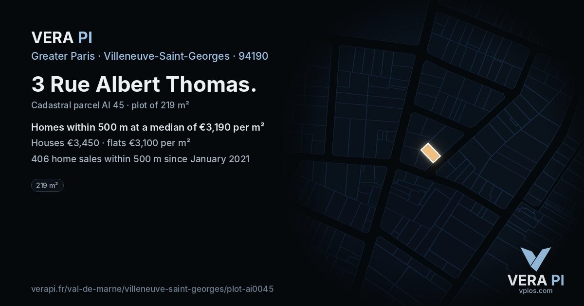3 Rue Albert Thomas, Villeneuve-Saint-Georges at night – the plot lit, the parcels around coloured by the prices near them