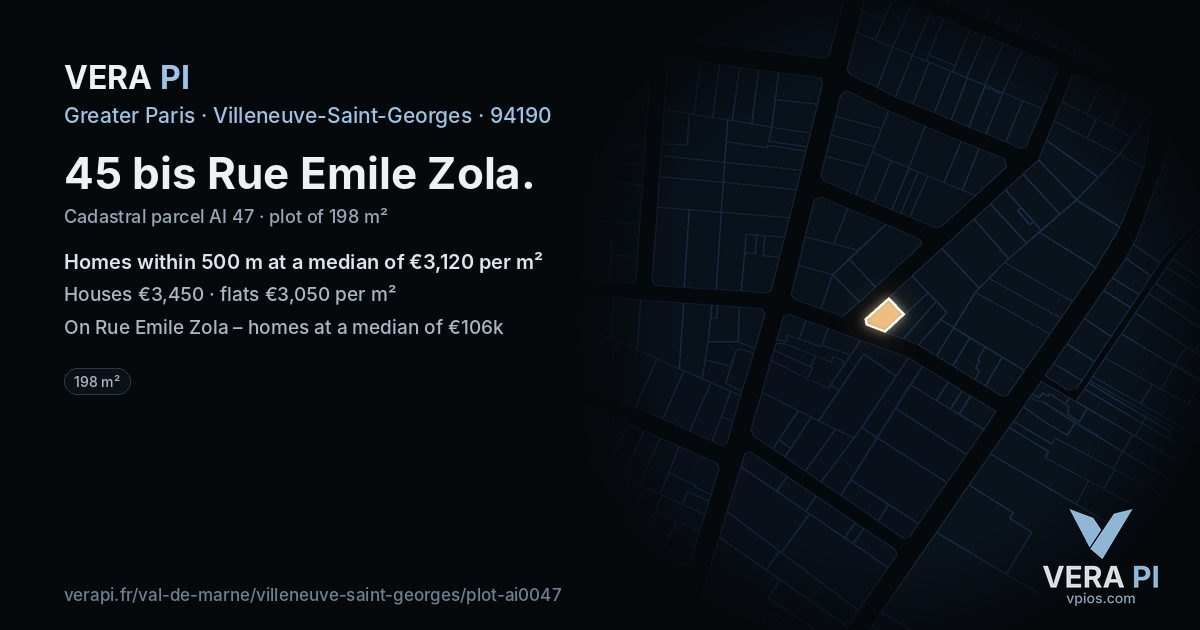 45 bis Rue Emile Zola, Villeneuve-Saint-Georges at night – the plot lit, the parcels around coloured by the prices near them