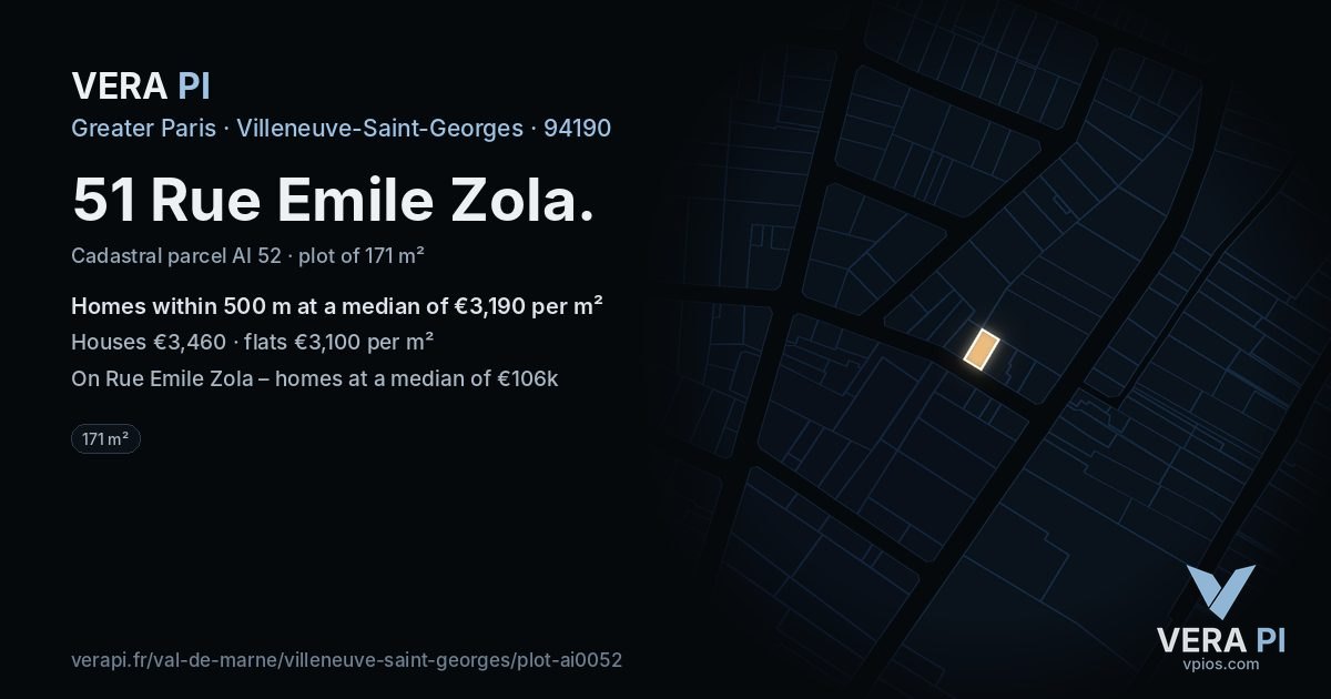 51 Rue Emile Zola, Villeneuve-Saint-Georges at night – the plot lit, the parcels around coloured by the prices near them