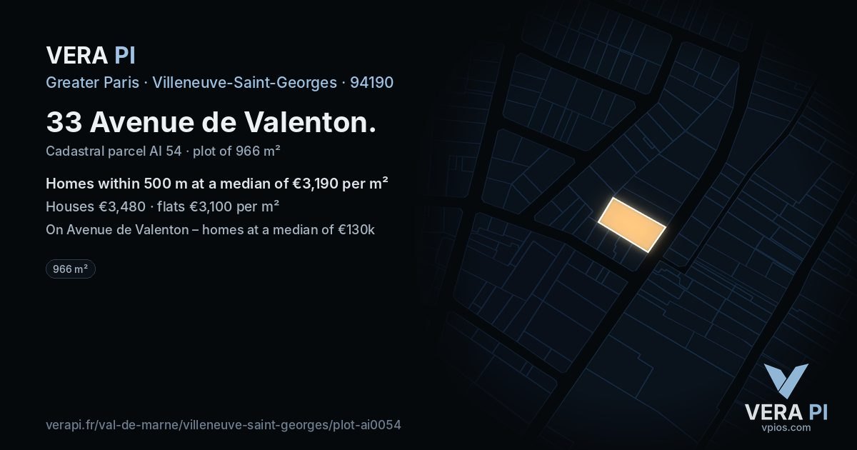 33 Avenue de Valenton, Villeneuve-Saint-Georges at night – the plot lit, the parcels around coloured by the prices near them