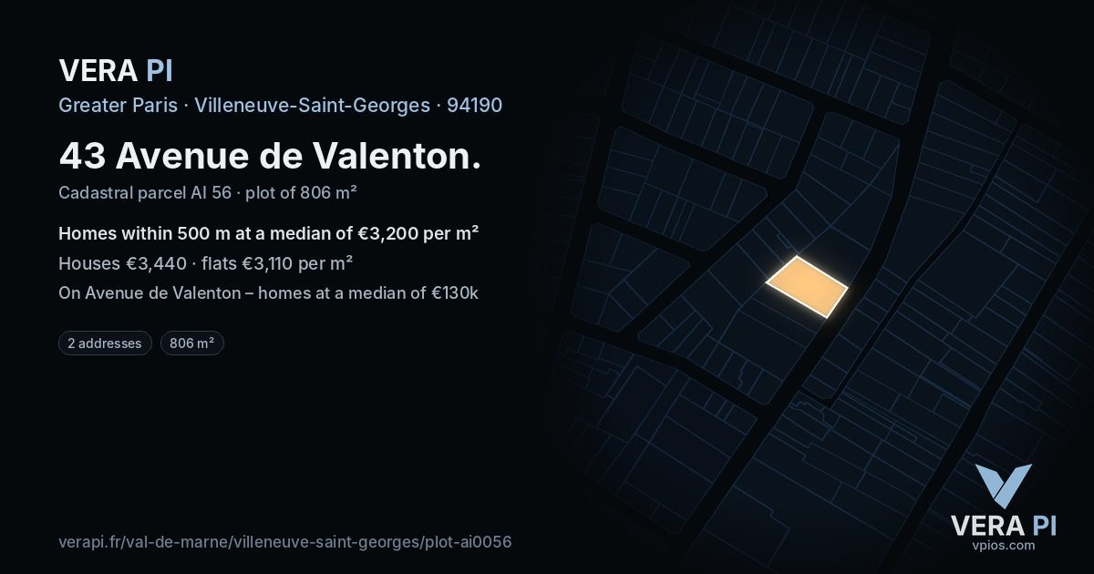 43 Avenue de Valenton, Villeneuve-Saint-Georges at night – the plot lit, the parcels around coloured by the prices near them