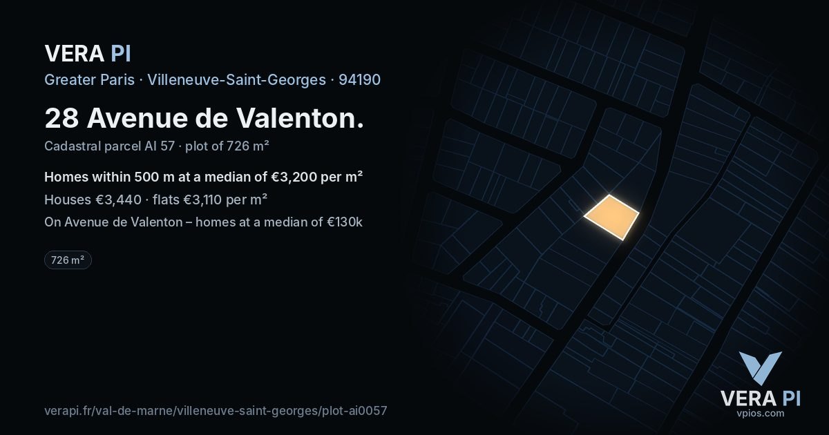 28 Avenue de Valenton, Villeneuve-Saint-Georges at night – the plot lit, the parcels around coloured by the prices near them