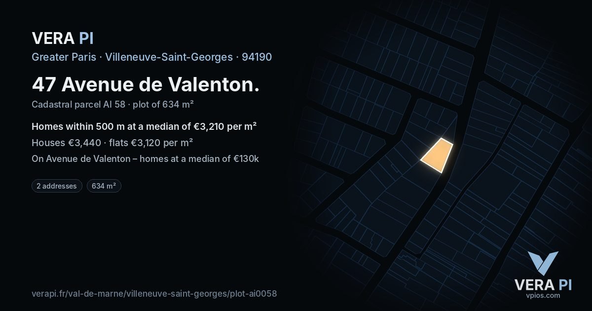 47 Avenue de Valenton, Villeneuve-Saint-Georges at night – the plot lit, the parcels around coloured by the prices near them