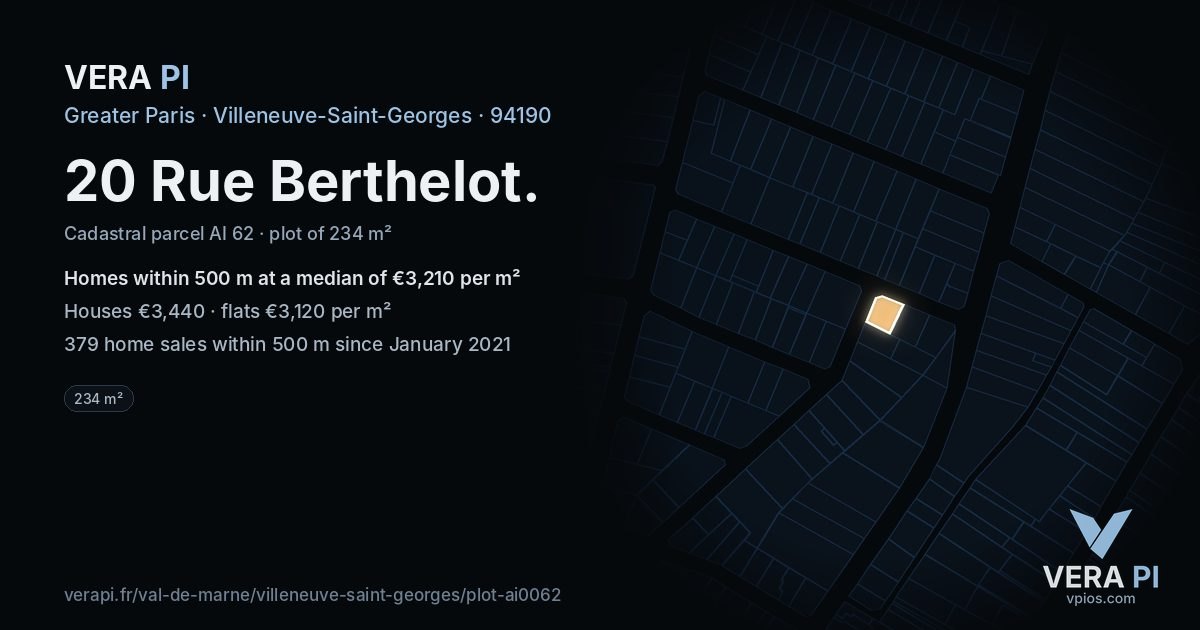 20 Rue Berthelot, Villeneuve-Saint-Georges at night – the plot lit, the parcels around coloured by the prices near them