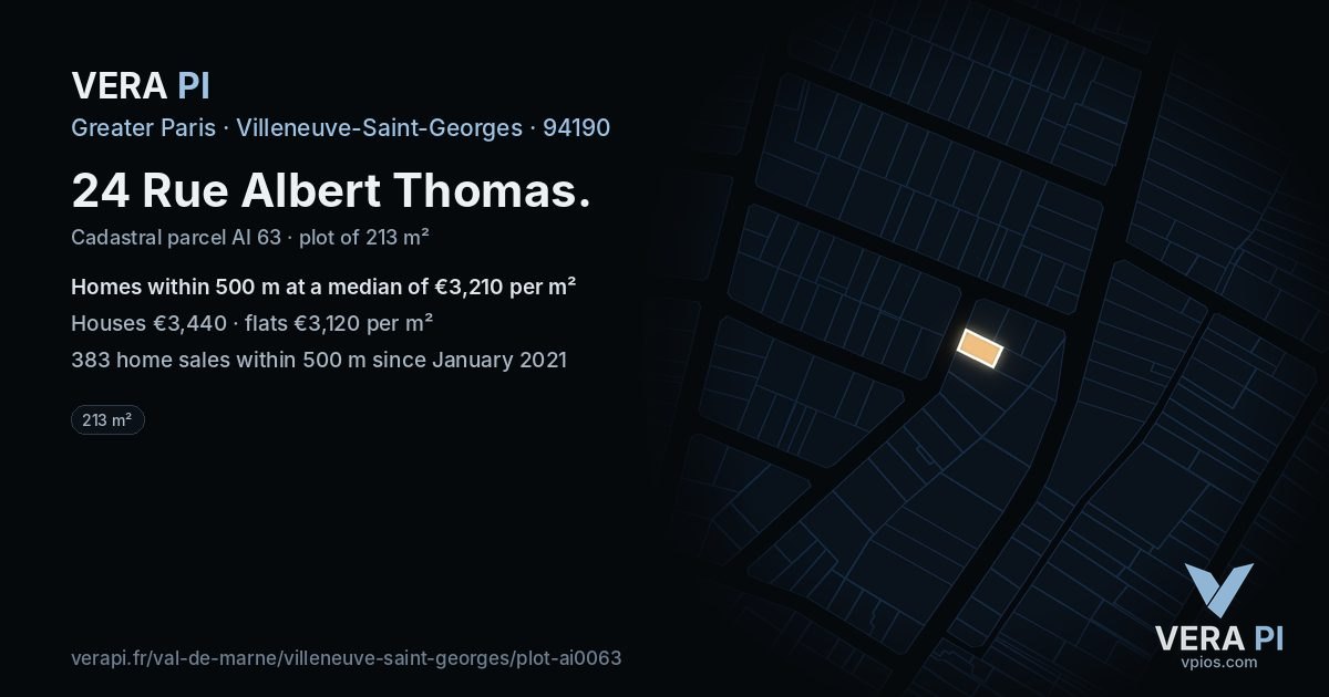 24 Rue Albert Thomas, Villeneuve-Saint-Georges at night – the plot lit, the parcels around coloured by the prices near them