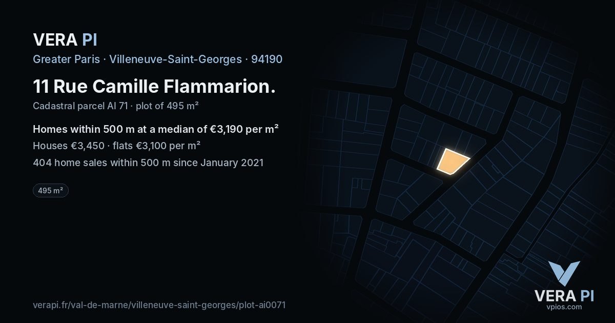 11 Rue Camille Flammarion, Villeneuve-Saint-Georges at night – the plot lit, the parcels around coloured by the prices near them