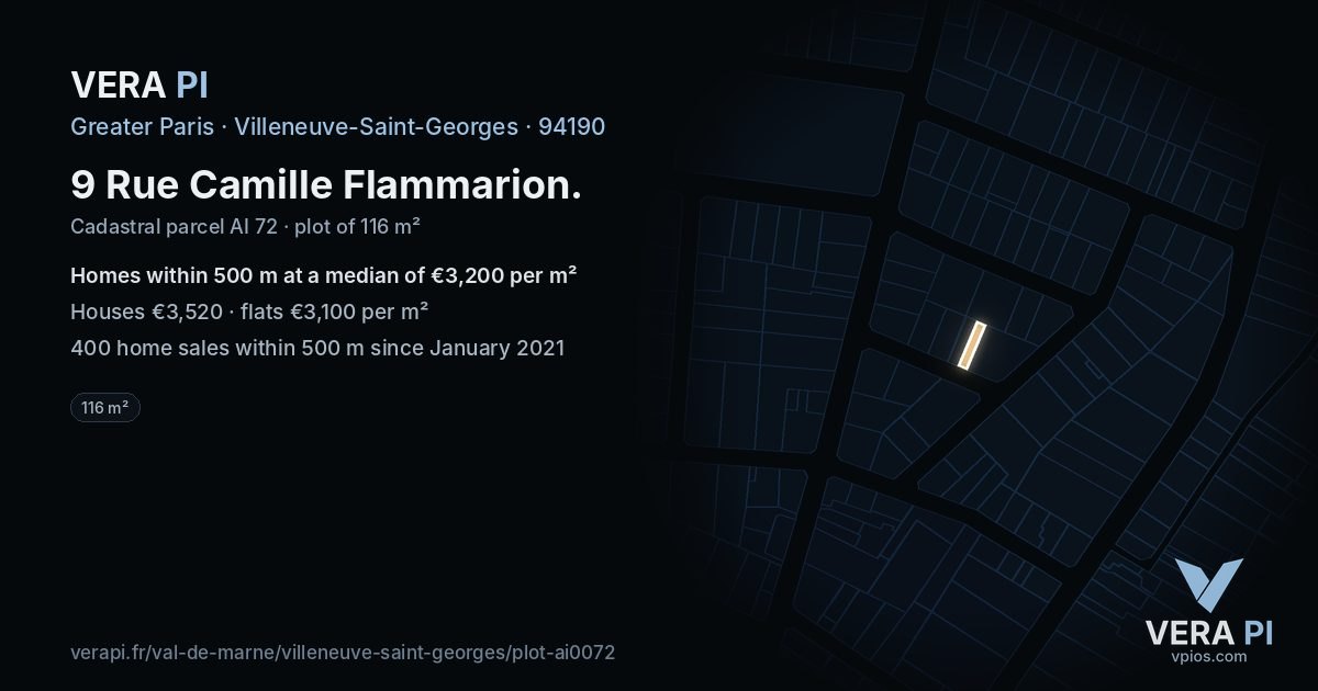 9 Rue Camille Flammarion, Villeneuve-Saint-Georges at night – the plot lit, the parcels around coloured by the prices near them