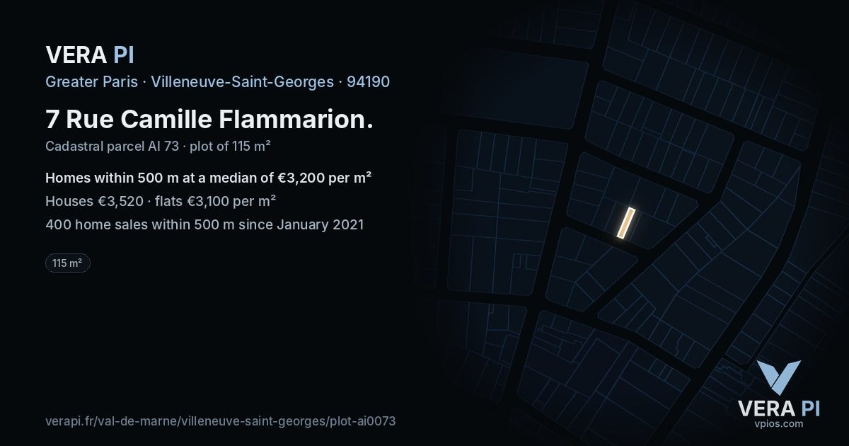7 Rue Camille Flammarion, Villeneuve-Saint-Georges at night – the plot lit, the parcels around coloured by the prices near them