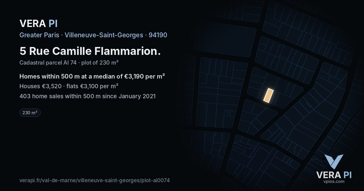 5 Rue Camille Flammarion, Villeneuve-Saint-Georges at night – the plot lit, the parcels around coloured by the prices near them