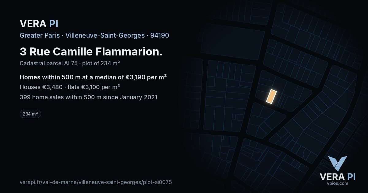 3 Rue Camille Flammarion, Villeneuve-Saint-Georges at night – the plot lit, the parcels around coloured by the prices near them