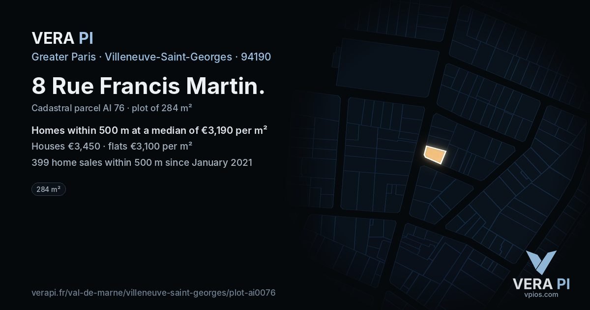 8 Rue Francis Martin, Villeneuve-Saint-Georges at night – the plot lit, the parcels around coloured by the prices near them
