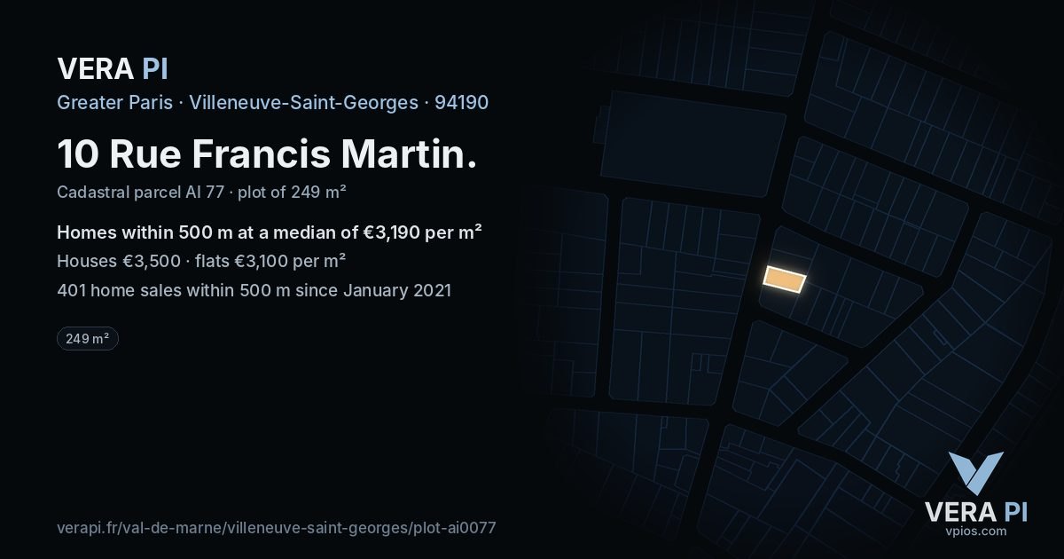 10 Rue Francis Martin, Villeneuve-Saint-Georges at night – the plot lit, the parcels around coloured by the prices near them