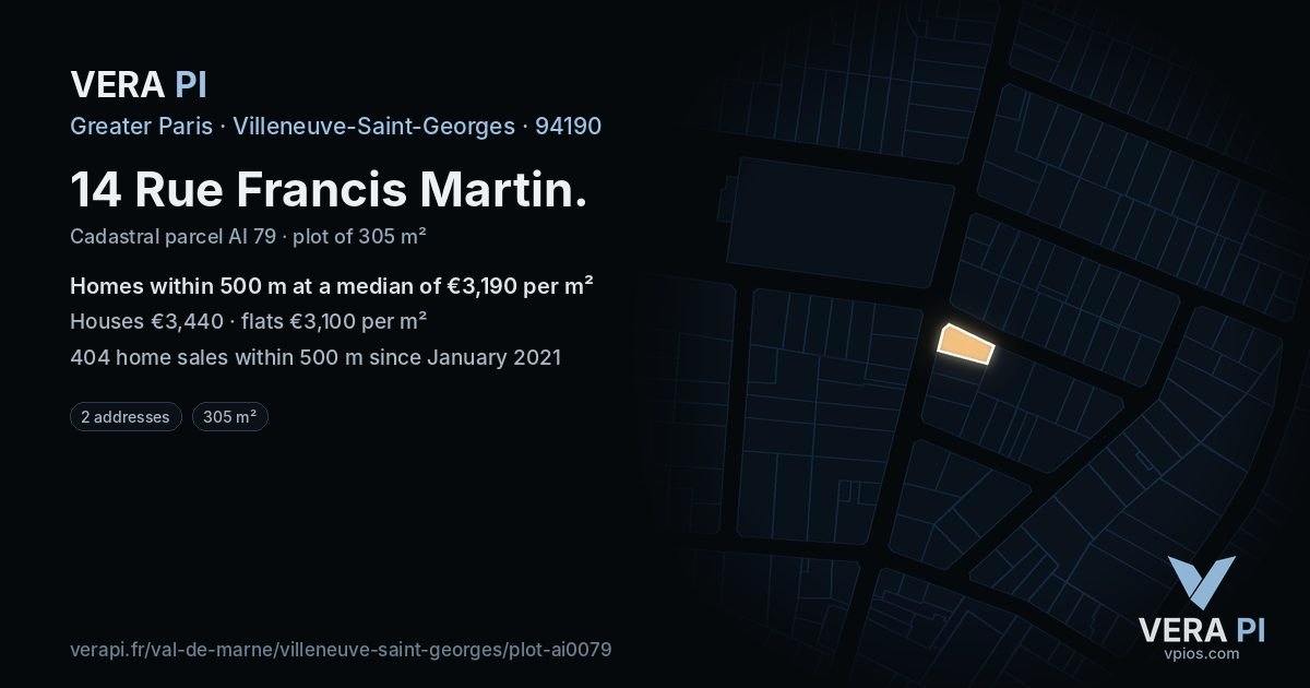 14 Rue Francis Martin, Villeneuve-Saint-Georges at night – the plot lit, the parcels around coloured by the prices near them