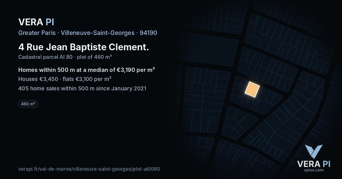 4 Rue Jean Baptiste Clement, Villeneuve-Saint-Georges at night – the plot lit, the parcels around coloured by the prices near them