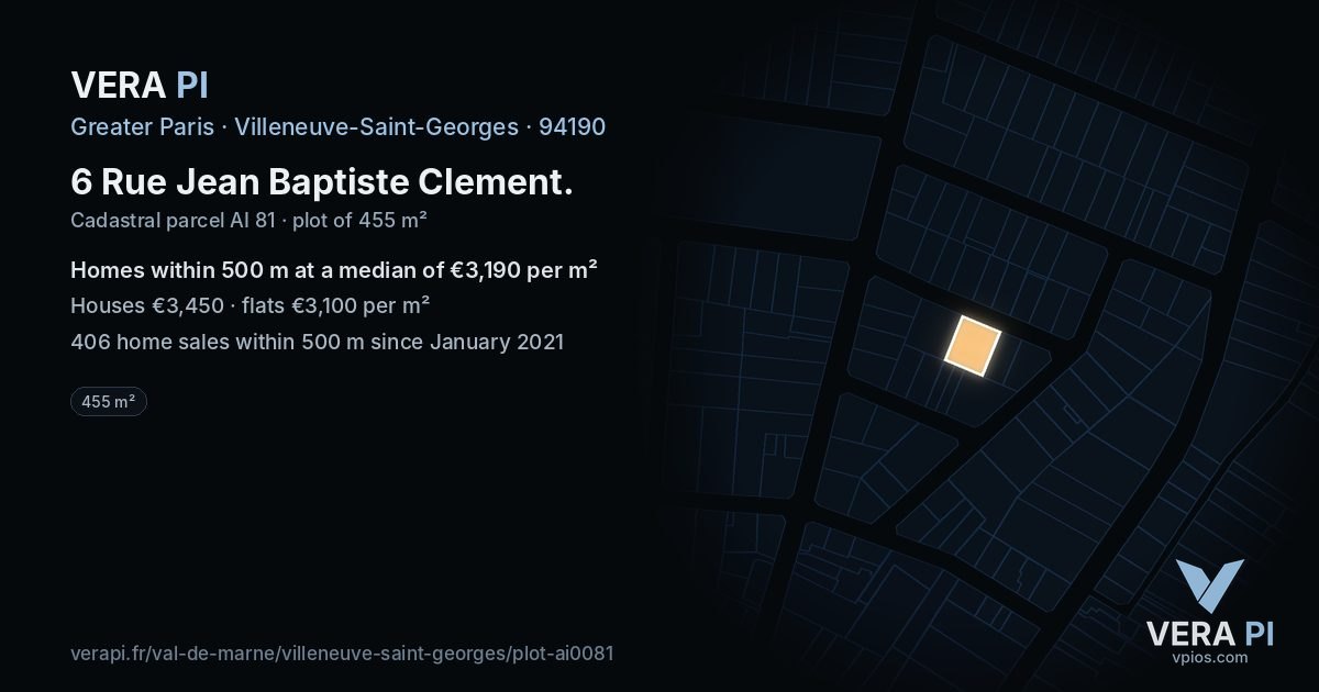 6 Rue Jean Baptiste Clement, Villeneuve-Saint-Georges at night – the plot lit, the parcels around coloured by the prices near them