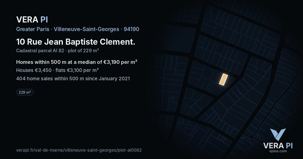 10 Rue Jean Baptiste Clement, Villeneuve-Saint-Georges at night – the plot lit, the parcels around coloured by the prices near them