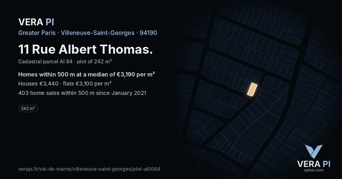 11 Rue Albert Thomas, Villeneuve-Saint-Georges at night – the plot lit, the parcels around coloured by the prices near them