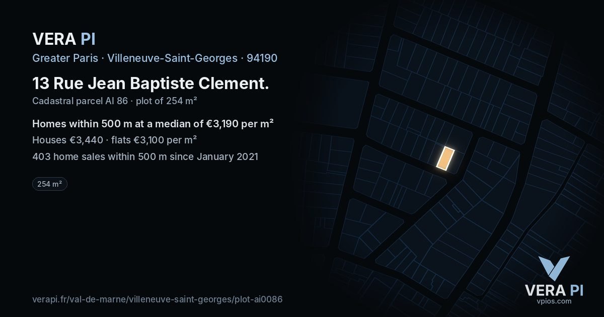 13 Rue Jean Baptiste Clement, Villeneuve-Saint-Georges at night – the plot lit, the parcels around coloured by the prices near them